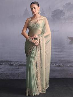 Libas Art - Green Solid Saree With Embellished Border