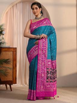 Libas - Blue Foil Printed with Mirror Work Saree