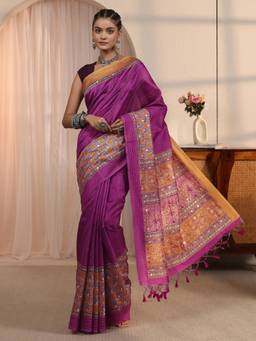 Libas - Mustard Floral Printed Mirror Work Saree with Embroidered Border