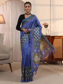 Libas - Green Floral Printed Mirror Work Saree with Embroidered Border