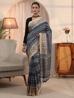 Libas - Navy Blue Tribal Printed Saree