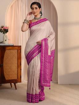 Libas - Cream Solid Saree with Foil Printed Border