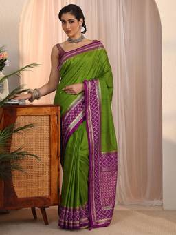 Libas - Green Solid Saree with Foil Printed Border