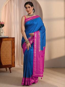 Libas - Blue Solid Saree with Foil Printed Border