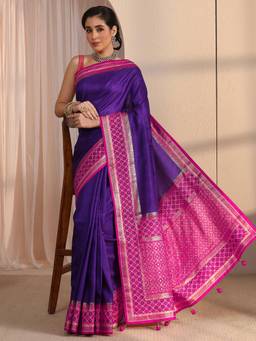 Libas - Purple Solid Saree with Foil Printed Border