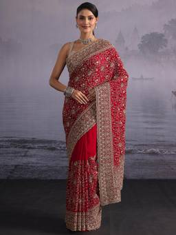 Libas Art - Red Floral Zari Stone Work Embroidered Saree