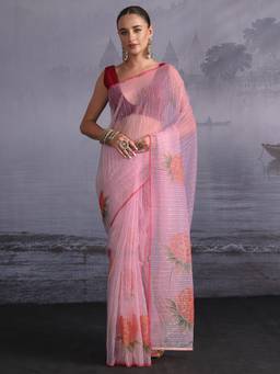 Libas - Pink Floral Printed Sequined Saree