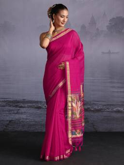 Libas - Pink Sequins Solid Saree With Woven Design Border