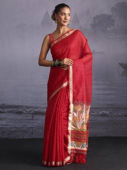 Libas - Red Sequins Solid Saree With Woven Design Border