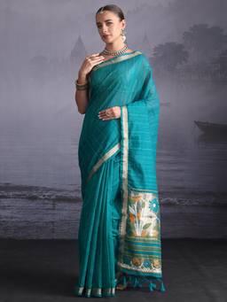 Libas - Green Sequins Solid Saree With Woven Design Border