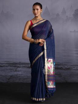 Libas - Navy Sequins Solid Saree With Woven Design Border