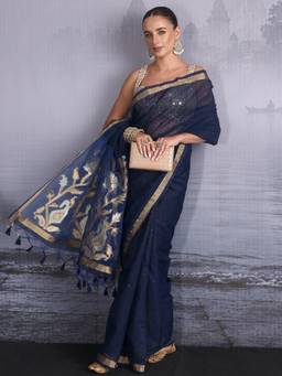 Libas - Navy Sequins Solid Saree With Woven Design Border