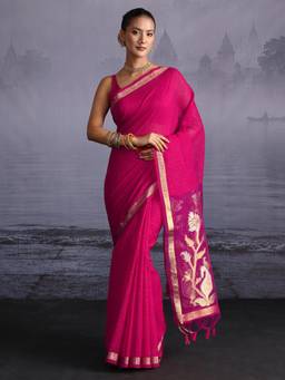 Libas - Pink Sequins Solid Saree With Woven Design Border