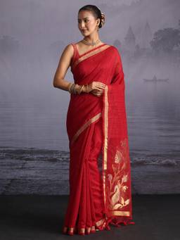 Libas - Red Sequins Solid Saree With Woven Design Border