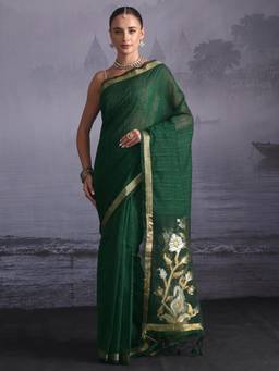 Libas - Green Sequins Solid Saree With Woven Design Border