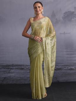 Libas - Green Floral Stone Work Embellished Saree