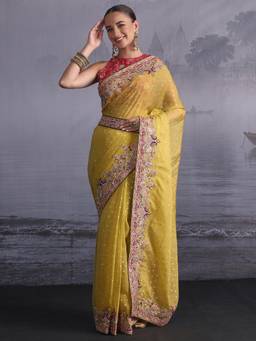 Libas - Mustard Zari Saree With Embroidered Border