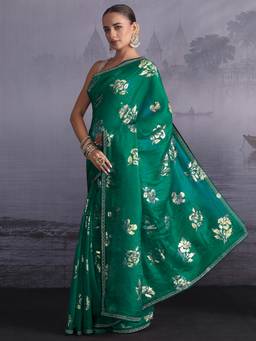 Libas - Green Floral Printed Saree With Embellished Border