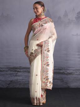 Libas Art - Off White Ethnic Motifs Zari Embroidered Saree