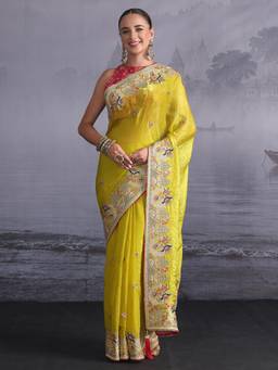 Libas Art - Green White Ethnic Motifs Zari Embroidered Saree