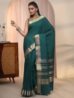 Libas - Green Solid Saree With Woven Design Border Piece With Tassels