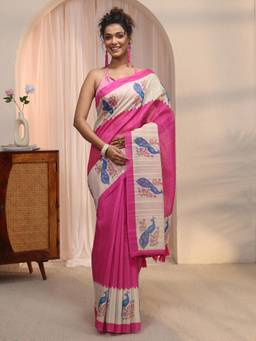 Libas - Pink Woven Design Saree With Printed Border With Tassels