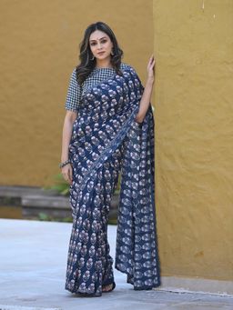 Mahee Jaipur - Blue Zainab Hand Block Printed Muslin Saree With Unstitched Blouse