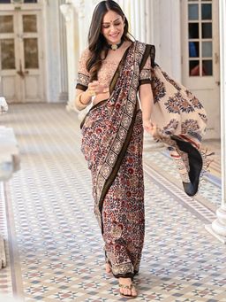 Mahee Jaipur - Dilkash Jaal Block Printed Chanderi Saree With Unstitched Blouse