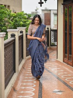 Mahee Jaipur - Pure Hand Block Print Mehr Blue Chanderi Saree with Unstitched Blouse