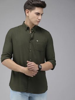 The Bear House - Men Olive Slim Fit Solid Rayon Lycra Casual Shirt