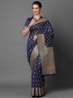 Akhilam - Navy Blue Festive Silk Blend Woven Design Saree with Unstitched