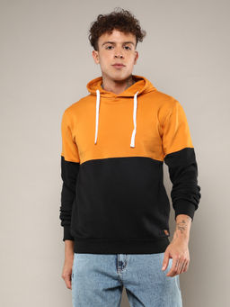 Campus Sutra - Men's Mustard and Black Color Block Hoodie