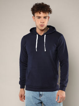 Campus Sutra - Men's Solid Navy Blue Pullover Hoodie