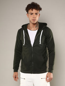 Campus Sutra - Men's Green Zipper Hoodie with Contrast Drawstring