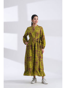 JAIPURRANG - Brown Tiger Digital Print Long Tired Dress with Belt (Set of 2)