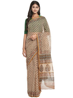 Fabindia - Beige Bagru Cotton Silk Saree