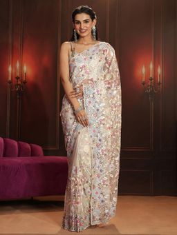 Libas Art - Cream Embroidered Saree with Unstitched Blouse
