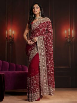 Libas Art - Red Embellished/Sequined Saree with Unstitched Blouse