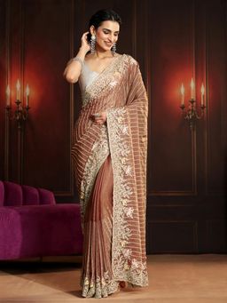 Libas Art - Rust Embellished/Sequined Saree with Unstitched Blouse