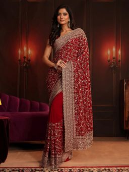 Libas Art - Red Embroidered Saree with Unstitched Blouse