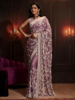 Libas Art - Lavender Embroidered Saree with Unstitched Blouse
