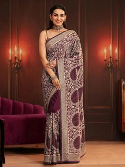Libas Art - Maroon Paisley Saree with Unstitched Blouse