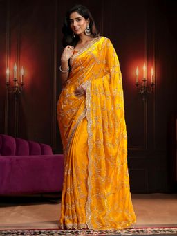 Libas Art - Mustard Embellished/Sequined Saree with Unstitched Blouse