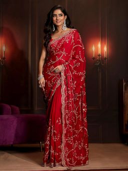 Libas Art - Red Embellished/Sequined Saree with Unstitched Blouse