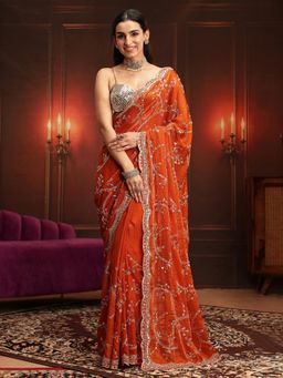 Libas Art - Orange Embellished/Sequined Saree with Unstitched Blouse