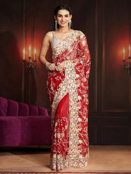 Libas Art - Red Embroidered Saree with Unstitched Blouse