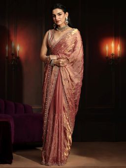 Libas Art - Peach Embellished/Sequined Saree with Unstitched Blouse