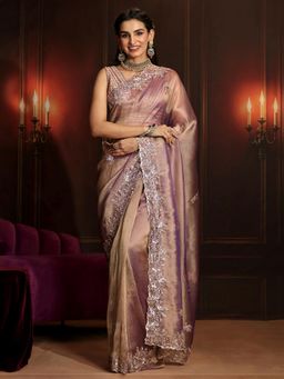 Libas Art - Lavender Embroidered Saree with Unstitched Blouse