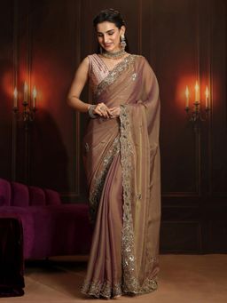 Libas Art - Brown Embellished/Sequined Saree with Unstitched Blouse