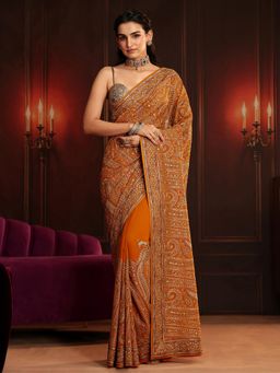 Libas Art - Orange Embroidered Saree with Unstitched Blouse